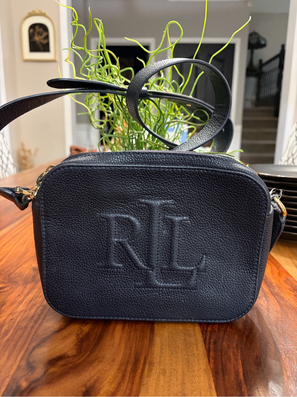 Ralph Lauren Embossed RL Black Pebbled Leather Crossbody check right side damage